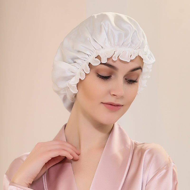 Olesilk 19 Momme White Color Silk Night Cap For Beautiful Hair With Flabala  Detailing