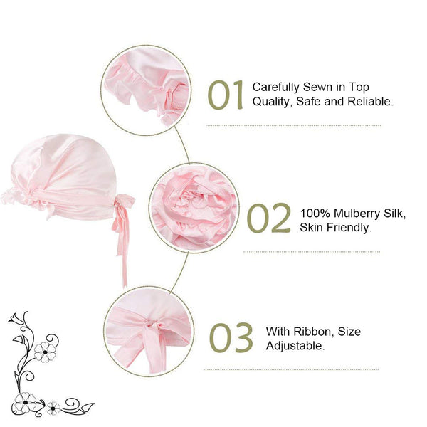 Olesilk 19 Momme 100% Pure Mulberry Silk Night Cap for Sleeping With Elastic Band & Elegant Ribbon