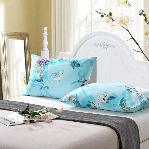 Olesilk Tranquil Garden Printed Silk Pillowcase for Hair and Skin Blue Printing with Hidden Zipper