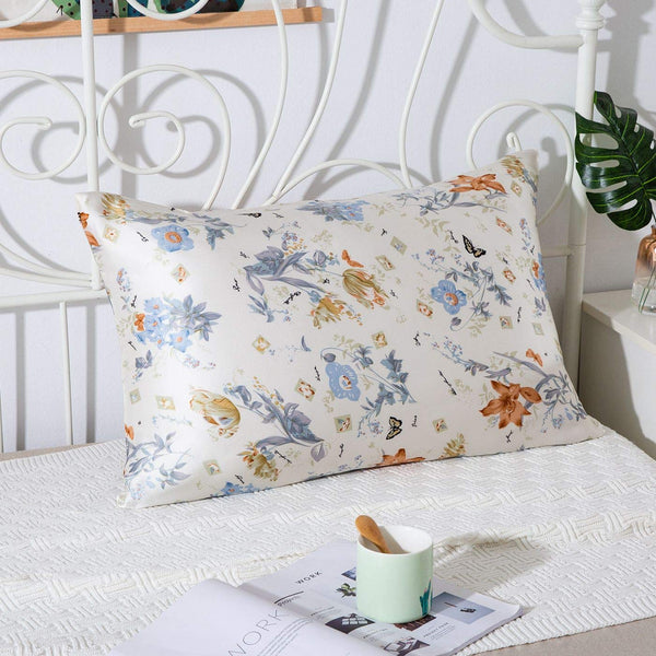 Olesilk Spring Story Printed Silk Pillowcase for Hair and Skin with Hidden Zipper With Follower & Butterfly Printing