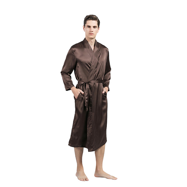 Olesik Men's 19 Momme Silk Dressing Gown with Stand Collar, 100% Pure Mulberry Silk
