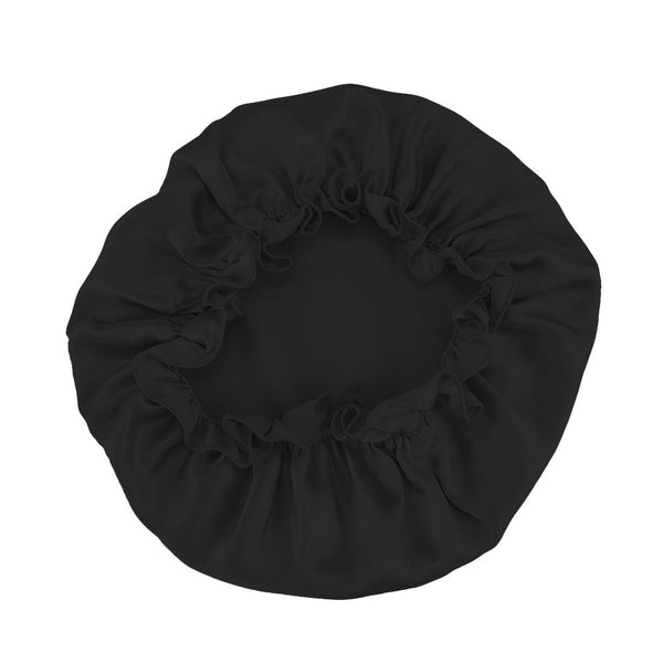 Olesilk 19 Momme Black Color Silk Night Cap For Beautiful Hair With Flabala Detailing