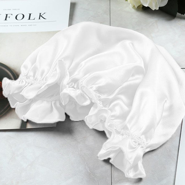 Olesilk 19 Momme White Color Silk Night Cap For Beautiful Hair With Flabala Detailing