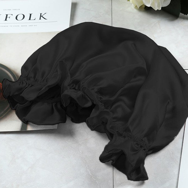 Olesilk 19 Momme Black Color Silk Night Cap For Beautiful Hair With Flabala Detailing
