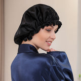 Olesilk 19 Momme Black Color Silk Night Cap For Beautiful Hair With Flabala Detailing