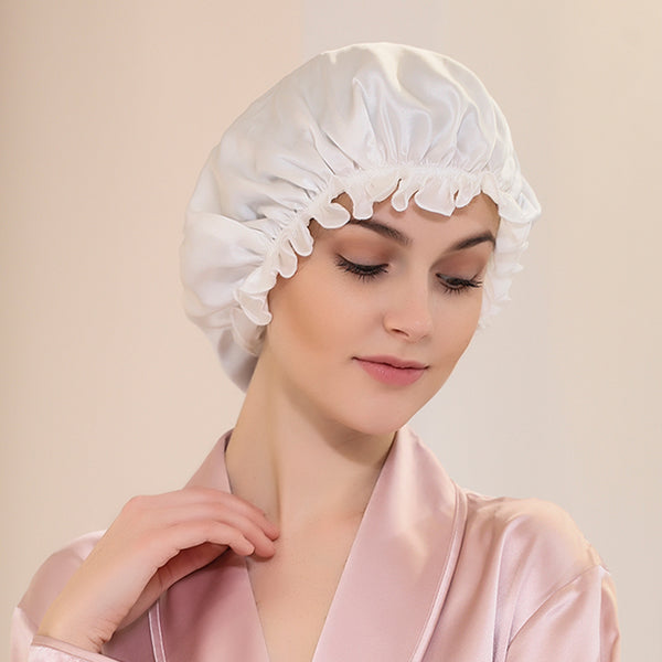 Olesilk 19 Momme White Color Silk Night Cap For Beautiful Hair With Flabala Detailing
