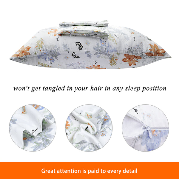 Olesilk Spring Story Printed Silk Pillowcase for Hair and Skin with Hidden Zipper With Follower & Butterfly Printing